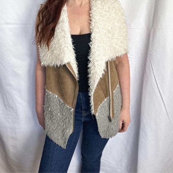 ii Sisters Furry Wool Blend Suede Sherpa Vest Tan Gray & Winter White Offset Zip - Picture 12 of 14